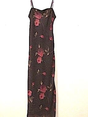 Ruby Sheer Sleeveless Purple Pink Roses Maxi Dress, Size M